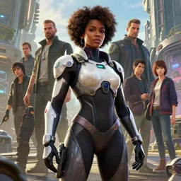 highly detailed an african american woman in with the exosuitin from the future gta v, stephen bliss, unreal engine, fantasy art by greg rutkowski, loish, rhads, ferdinand knab, makoto shinkai and lois van baarle, ilya kuvshinov, rossdraws, tom bagshaw, global illumination, radiant light, detailed and intricate environment