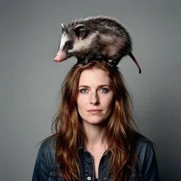 annie leibovitz photo editorial of crazy homeless lady with an opossum on her head, studio lighting, 5 0 mm