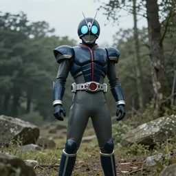 High Fantasy Kamen Rider, glowing eyes, dark blue segmented armor, moody colors, 8k, forest plains of north yorkshire, daytime, grey rubber undersuit, tokusatsu, illustration