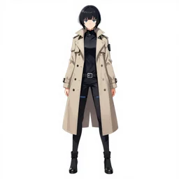 front view character concept, centred composition, a full body character concept drawing of a female anime!!!!!!!!! cyberpunk dream detective wearing a trench coat by senior concept artist, inspired by ergo proxy, trending on pixiv fanbox, clean lines, clean edges, digital art, official art