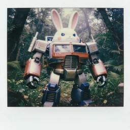 low saturation photograph!! giant oversized battle rabbit robot delorean fusion chubby mech transformers retro boombox delorean mixed with mecha robot, in forest jungle, cinematic focus, polaroid photo, vintage, neutral dull colors, soft lights, foggy, overcast by oleg oprisco, by thomas peschak, by discovery channel, by victor enrich, by gregory crewdson