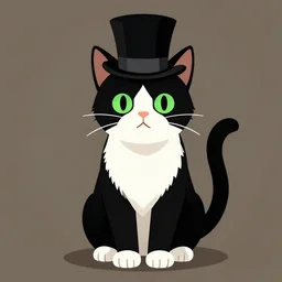 a black and white cat!! wearing a top hat | vector art by hanns katz, character portrait by puru, furry art, deviantart contest winner | purism, concept art, flat shading, vanitas, ( ( bright green eyes ) ), full body shot!!, ( ( unreal engine 5 ) ), smoky muddy background