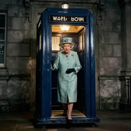 Concept art of Queen Elizabeth II stepping out of the tardis, mysterious, ultrarealistic, cinematic lighting, 4k, wide angle, Bruce Pennington
