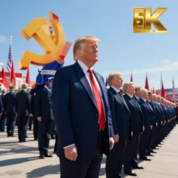hyper - realistic photo of donald trump standing in a line looking towards a bright communist future, volume shadows, 8 k, octane perfectly detailed rendering, extremely hyper detailed, intricate, epic composition, unusual lighting, masterpiece, trending artstation, very highly detailed, stunning, hdr, smooth, sharp focus, high resolution, award winning photo, dslr, 5 0 mm