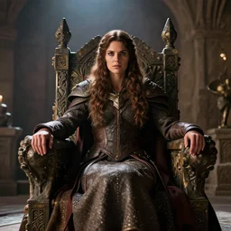 the elder scrolls vi, charismatic regal brunette female jarl, portrait, rustic throne room, atmospheric lighting, intricate, volumetric lighting, beautiful, daytime, sunny weather, slight overcast, sharp focus, deep colours, ultra detailed, by leesha hannigan, ross tran, thierry doizon, kai carpenter, ignacio fernandez rios