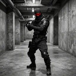 ninja mercenary acrobat with red glasses and black wraps in concrete brutalisim monochrome world warehouse facility hallway holding guns accurately