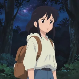 anime cels, anime key visual, young woman traveling in a forest at night, night sky, nebula, very dark, cute face by ilya kuvshinov, yoh yoshinari, dynamic pose, dynamic perspective, rounded eyes, smooth facial features, dramatic lighting, psycho pass
