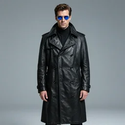 science fiction man with blue tiny sunglasses and black leather trenchcoat