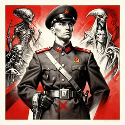 1 9 3 6 soviet propaganda poster soldier portrait conmemorating the victory against the alien invaders, high detail, artstation, angular, red black and white, by artgerm and greg rutkowski and alphonse mucha and moebius