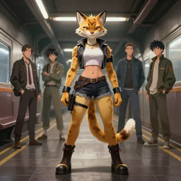 wide angle beautiful full body portrait of a strong female anthropomorphic anthro lynx fursona wearing biker clothes at an underground subway. character design by disney, anime, manga, charlie bowater, ross tran, artgerm, and makoto shinkai, detailed, soft lighting, rendered in octane