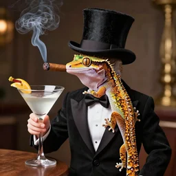 Photo of a gecko in a top hat smoking a cigar, holding a martini