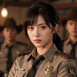 a portrait one person, complexity, global lighting, detail, ultra sharpness, beautiful female sheriff body from games yoshihiro togashi style, big eyes, plump lips, a gunshot, global lighting, western saloon theme, detailed faces, blank faces, style by huyy nguyen,