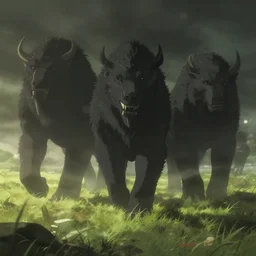 giant beasts roaming on a windy meadow. award - winning 3 d anime by an indie studio, heavily stylized, rimlighting, depth of field, limited palette, lovecraftian, chiaroscuro, bokeh.