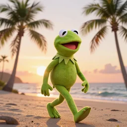 Kermit the Frog is walking happily on the beach, the sun is setting behind him, palm trees swaying in the wind gracefully, Kermit is happy, hyperdetailed, artstation, cgsociety, 8k