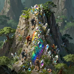 adventurers climbing a rocky mountain made of rainbow gemstones and crystal and glass, refraction and reflection, iridescent, verdant and lush and overgrown, fantasy, intricate, elegant, highly detailed, digital painting, artstation, concept art, matte, sharp focus, illustration, hearthstone, art by ruan jia and conrad roset and beth cavener