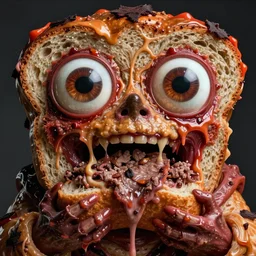 big eyes wide open, horrific sentient meatloaf, holding meatloaf, sloppy, gross, meatloaf, hyper realistic, terrifying, disturbing, strange, bizarre, masterpiece, 4 k, vivid colors, elegant, highly detailed, john park, frazetta, john howe, ruan jia, jeffrey catherine jones