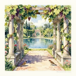isomeric view, delicate lake in a botanic garden, road, sparrows, on a botanical herbarium paper, watercolor colored painting, iridescent colors, 8 k, realistic shaded, fine details, artstation, italian style, colonnade, vines, grapes, flowers, gardena architecture, pompeii
