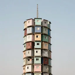 a tower made up of makeshift squatter shacks with pastel colours, mamiya, 8 5 mm, f 1. 7, fully frontal view, uniform plain sky, fine details, photographed by julie blackmon