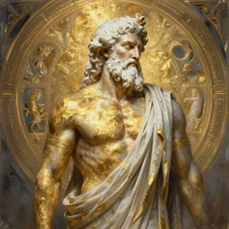 painted back portrait of rugged zeus greek god by greg rutkowski craig mullins artgerm alphonse mucha multiple streaks gold paint, white hair handsome muscular upper body mature flowing robe [ ancient greek motifs ] background fantasy intricate elegant detailed digital painting concept art artstation sharp focus illustration