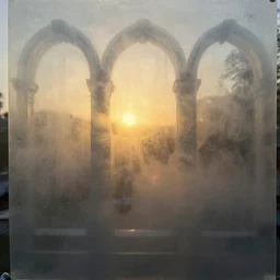 7 0 mm photograph of refractive caustics casting through vellum and mesoglea - transparent colloid layers ambiently occluding and striating, coalescing from the mist, forming a detailed frosted - glass recreation of the glass arches from roger dean's paintings, caravaggio lighting in golden hour, cinematic, 8 k
