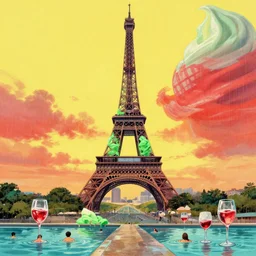 melting distorted eiffel tower icecream green and red, rainy sunset, people swimming in wine glasses, super realistic and highly detailed painting by japanese comic illustration on yellow background, dreamy summer vibes, cinematic colors and super wide angle view