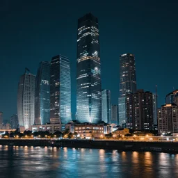zakho city and river, night photography, glass skyscrapers, digital art,