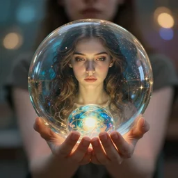 A woman holding an orb, cover by Artgerm, photo realistic, realistic render, HDR, 4k, high detail, bokeh