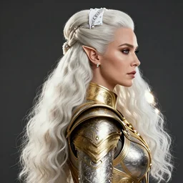 a detailed portrait profile view of with candice swanepoel with platinum white wavy long hair with white headband with diamonds and armor in golden and silver colors, pointy ears, full body, detailed, epic masterpiece of cinematographic hyperrealism, realistic shaded lighting poster by craig mallismo, artgerm, jeremy lipkin and michael garmash, unreal engine, radiant light, detailed and intricate