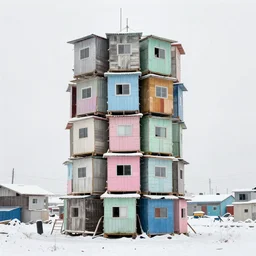 a tower made up of makeshift squatter shacks with pastel colours, mamiya, 8 5 mm, f 1. 7, fully frontal view, snowy weather, fine details, photographed by julie blackmon