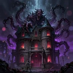 arkham townhouse as evil creature in style of mansion o madness wallpaper, 1 8 century, arkham horror, tentacles, evil fluid, dramatic, heroic, fear, insane, terrific, insane, lovecraft illustration, particles, by asher brown durand, by yoshitaka amano, fantasy digital art, colorfull, bokeh effect