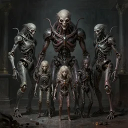 professional concept art of a creepy family horrendous mechanical predatory! species in a dark room by artgerm and greg rutkowski. an intricate, elegant, highly detailed digital painting, concept art, smooth, sharp focus, illustration, in the style of cam sykes.