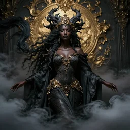 a photorealistic portrait of tinashe as mysterious dark goddess of death, realism, clouds, swirling fabric, elaborate ornate growth, gilded relief, trending on artstation, by alessio albi
