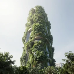 zaha hadid biology tower, lush vegetation, light fog