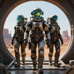 symmetric digital portrait biopunk marines space pirate, fish tank head astronauts walk on the stairs of the circular space, monument valley, sharp focus, realistic scifi masterpiece, cinematic natural light, highly intricate details, 8 k, hdr, octane render