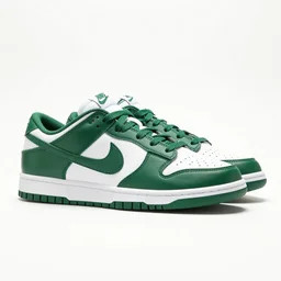 a press photograph of nike dunks low pine green and white, size 1 0, white background