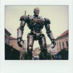 legnica. medium shot. giant cyborg cybernetic mark zuckerberg damaged cyborg, in legnica, full body, cinematic focus, polaroid photo, vintage, neutral dull colors, soft lights, by oleg oprisco, by thomas peschak, by discovery channel, by victor enrich, by gregory crewdson