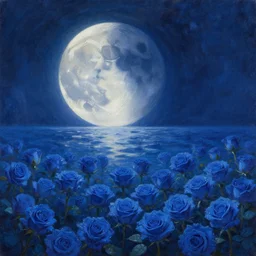 a beautiful painting of the moon fell into the sea of blue roses by greg rutkowski and thomas kinkade, trending on artstation, - w 1 0 2 4