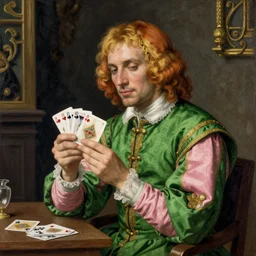 intricate beautiful medium - shot, the card player man, blonde reddish hair, in green and pink clothes of 1 7 th century, holds playing cards, in card's player by sezanne, matte painting, renaissance painting, by paul sezanne by leyendecker, by artgerm, rutkowskyi