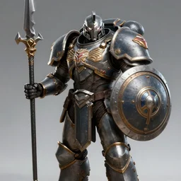 a large cyberpunk paladin in rounded heavy plate armor with large shoulder pads and a spartan helmet and a very large circle shield he is holding a large spear in a cyberpunk setting, 1 9 2 9 omni magazine cover, style by vincent di fate, artgerm, cyberpunk 2 0 7 7, very coherent, detailed, 8 k resolution, unreal engine, daz