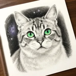 highly detailed realistic pencil sketch on expensive paper of a beautiful cat with big green eyes in front of the universe