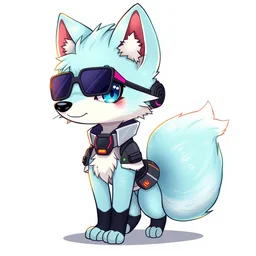 a cute cyberpunk anthropomorphic fox with light blue fur and a fluffy tail, comic art, trending on furaffinity, cartoon, kawaii, backlighting, furry art!!!, cel shading, concept art, lineless