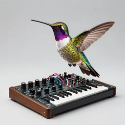a scientific illustration of a cybernetic hummingbird that is an eurorack modular synthesizer, with electronic colorful feathers, cables and knobs in its body. john james audubon