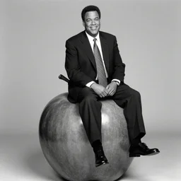 Drew Carey 1997 wearing a navy suit and necktie sitting on top a giant Apple, b&w promo still