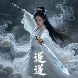 a poster of wuxia moive, a ghostly Flying Sword beautiful girl in Tang Dynasty aesthetic, clouds, swirl smoke, hyper realistic, cinematic composition, glow crystal, wuxia by Chen Uen Yoji Shinkawa,4k ,