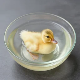 a bowl of water with a cute duckling swimming, photography, minimalistic, 8 k