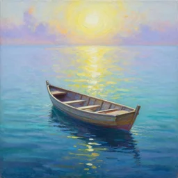 a beautiful scenic painting of an esoteric boat floating on the iridescent seas. by fkey and wlop
