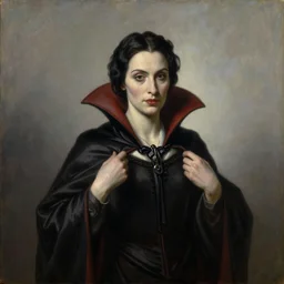 A beautiful painting of a lady vampire, victorian, dracula, ominous, oil on canvas, photorealism, caravaggio, high definition, soft light