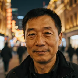 closeup portrait of a middle - aged man, slight smile, street at night, chinese new year celebrations in shanghai, art by rebecca guay