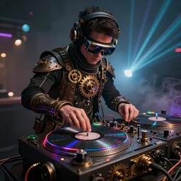 a person wearing goggles and visor and headphones using a steampunk record player contraption, wires and tubes, turntablism dj scratching, intricate planetary gears, cinematic, imax, sharp focus, leds, bokeh, iridescent, black light, fog machine, hazy, lasers