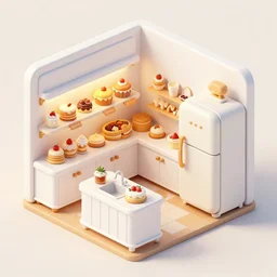 cute bakery shop, refrigerator, sink, isometric art, white furniture, bright, artstation, highly detailed, cinematic lighting + masterpiece